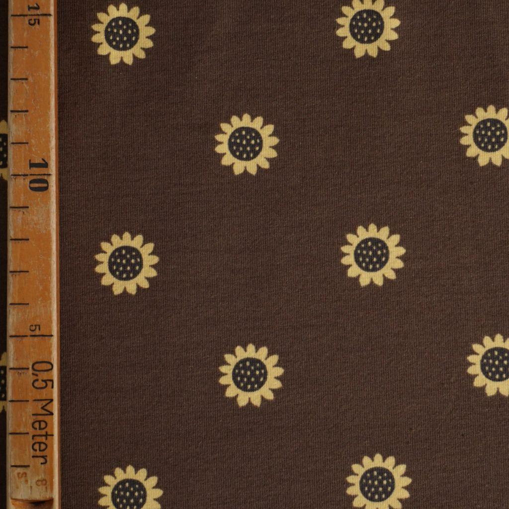 Baumwolljersey Sonnenblumen auf braun